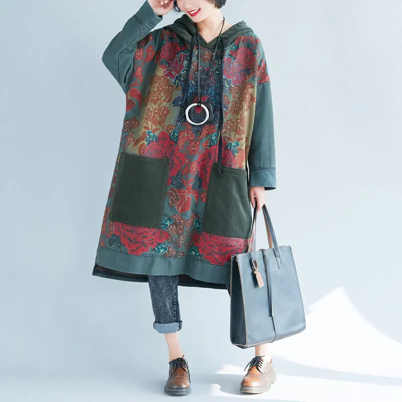 2019 female new autumn and winter plus plus size dress M- long national style printed vintage do-old berif casual loose sweater