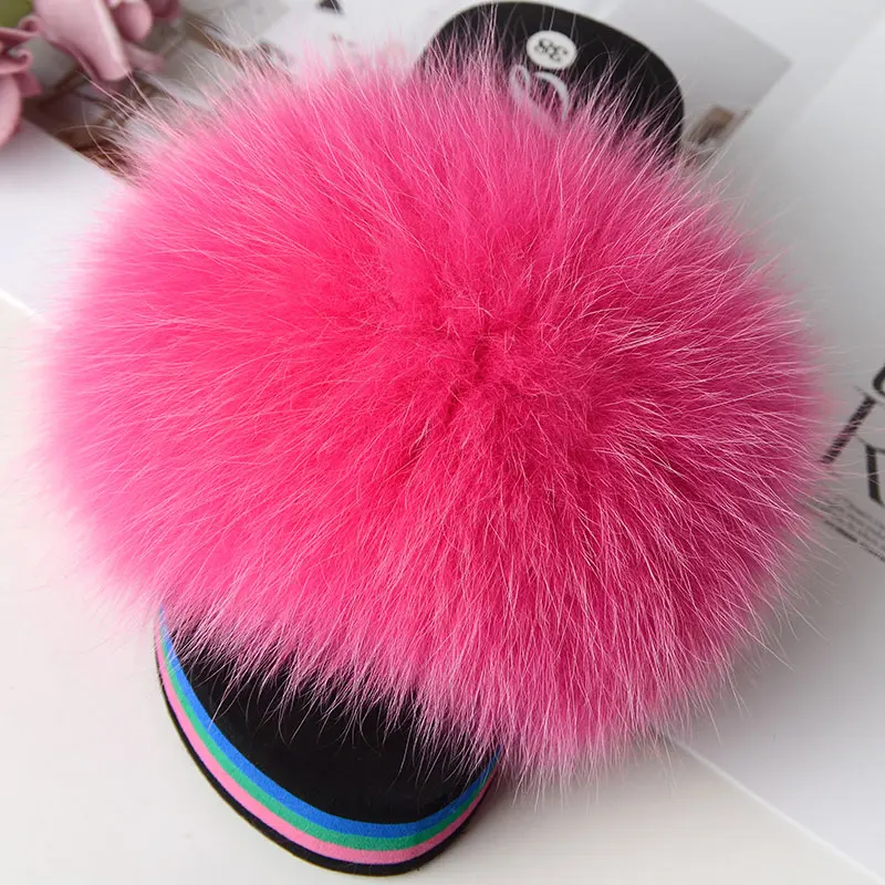 New Fox Fur Slippers 2021 Women\'s Fur House Furry Slippers Plush Summer Rainbow Colored Heels Sweet Sandals