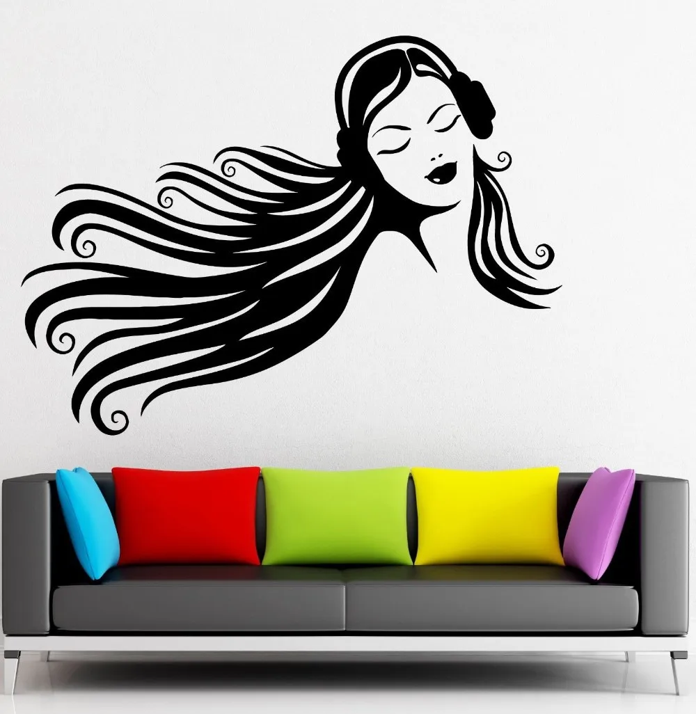 Music Wall Stickers Teen Girl Headphones Beautiful Decor Vinyl Decal