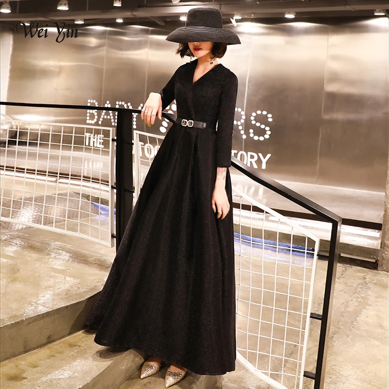 

wei yin Robe De Soiree Evening Dress 2023 Black V Neck Long Sleeve Formal Party Evening dresses Gown Long vestido de festa W1537