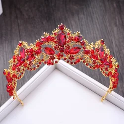 KMVEXO Luxury Red Rhinestone Bridal Tiara Crown Gold Color Baroque Crystal Diadem for Brides Headband Wedding Hair Accessories