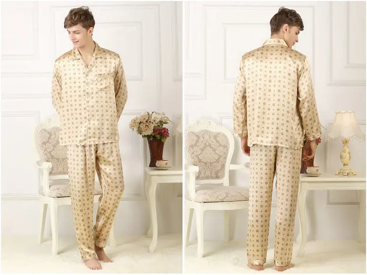 100%, silk silk pajamas set, men\'s silk home wear, long sleeve trousers, gold printing big size, loose burst 2