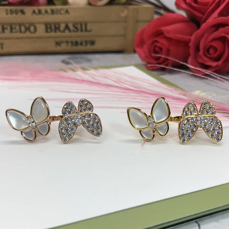 Bilincolor Shell and Tiny Cz Double Butterfly Rhinstone Fashion Open Ring for Women