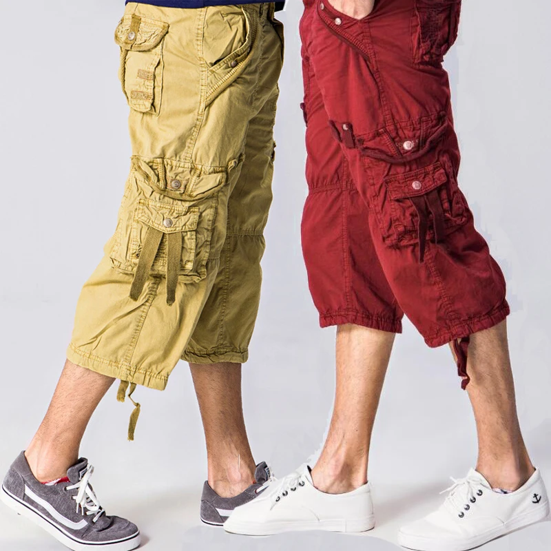 

42 40 Plus Size Fashion Multi Pocket Cotton Loose Capri-Pants-Men Long Cargo Shorts Baggy 3/4 Pant Red Khaki Olive Green Grey