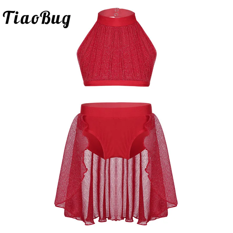 

TiaoBug Girls Stage Contemporary Lyrical Dance Costumes Children Backless Ballet Tutu Dance Wear Kids Crop Top Shorts Skirt Set