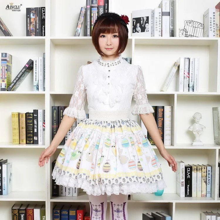 Women Lace Skirts Japanese Apricot Cute Soft Sister Easter Eggs/Rabbits Printed Pleated Short Summer Skirts XS-XXL