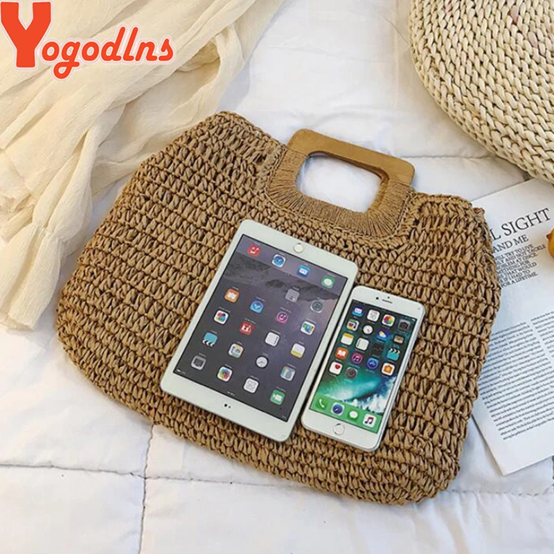 Yogodlns Casual Large Capacity Straw Beach Bag Wooden Handle Handbag Women Handmade Woven Bag Lady Casual Purses Summer Balii