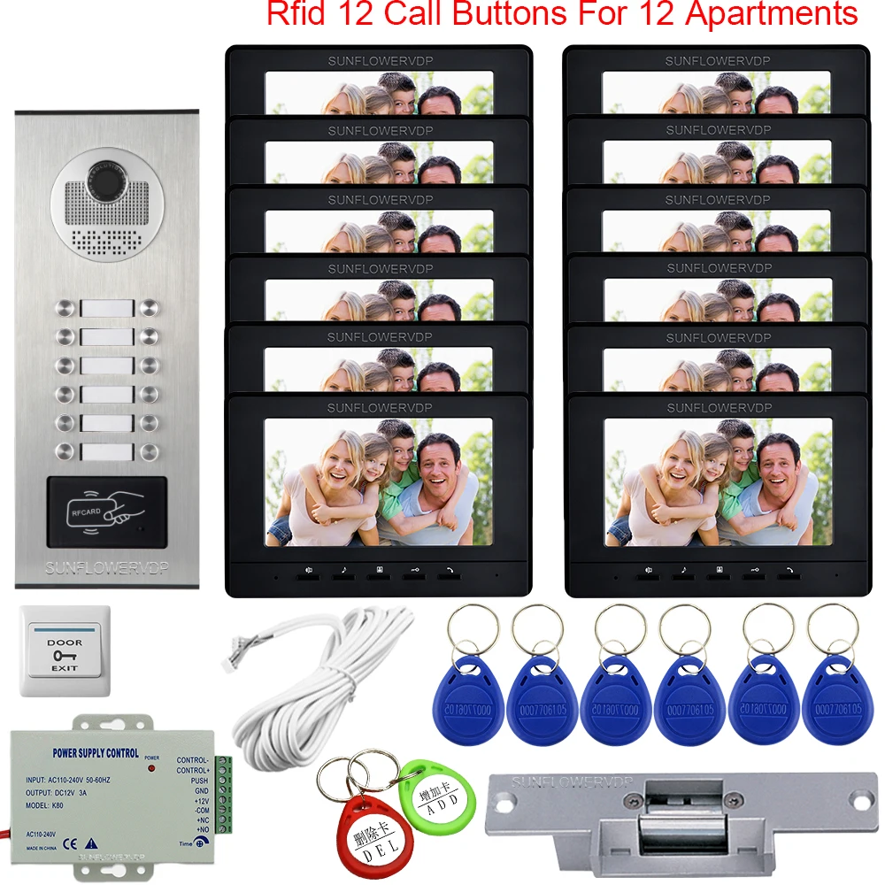 

7" Color Video Door Video Intercom 12 Monitors Power Supply System Unit Video Intercom for a Private House Electric Strike Lock