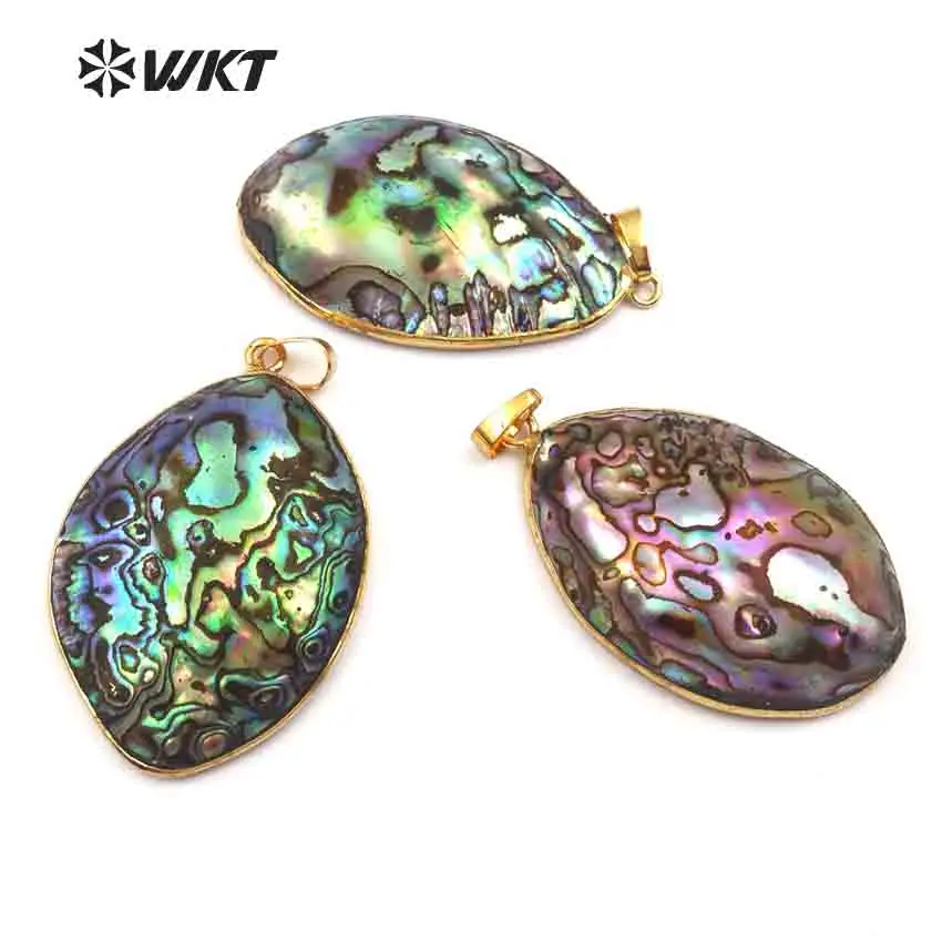 WT-JP076 WKT Popular Wholesale Natural Abalone Shell Pendant Egg Shape With Gold Trim For Women Jewelry Handmade Accessories