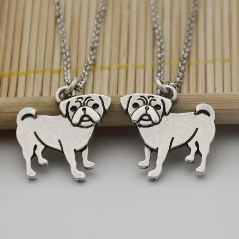 Vintage Silver Color Stainless Steel Long Chains Tiny Pug Pendant Necklace Companion Dog Necklaces For Women Men Best Gifts 2018