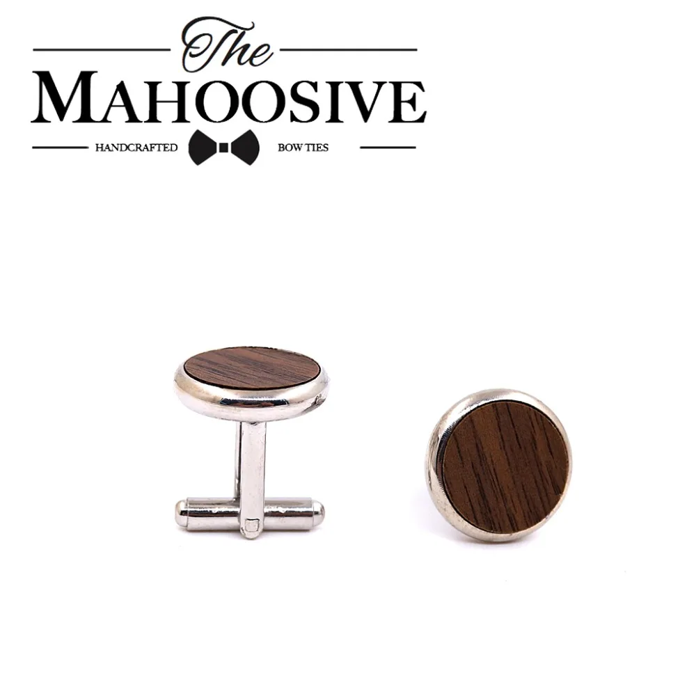 MAHOOSIVE Wooden Cufflinks Wedding Groom Round Black Walnut Cufflinks For Mens shirt accessories Casual Cuff Link with Gift box