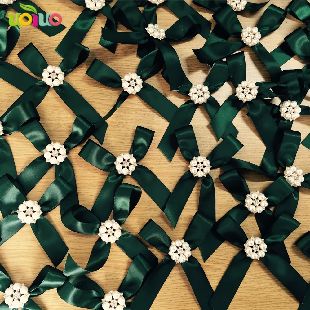 Hot sale decoration butterfly ribbon tied blackish green bow with big rhinsestone brooch buckle