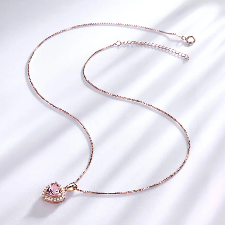 UMCHO Solid 925 Sterling Silver Necklaces For Women Rose Pink Morganite Charm Heart Pendant For Girl Gift Fine Jewelry