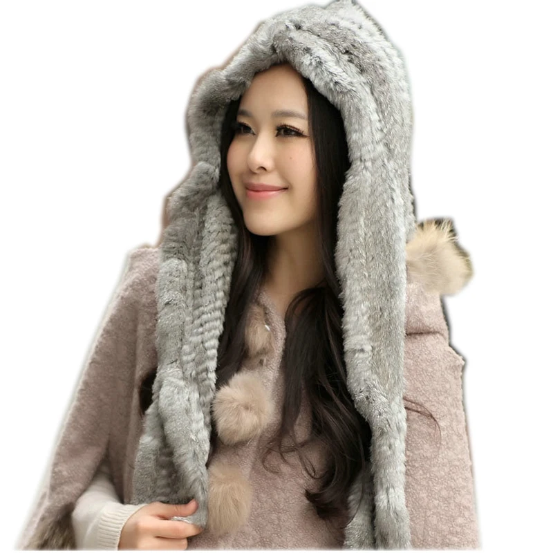 

2023 new Real Rabbit fur hat women's cap thermal with a hood Genuine rabbit fur scarf cap connected free shipping