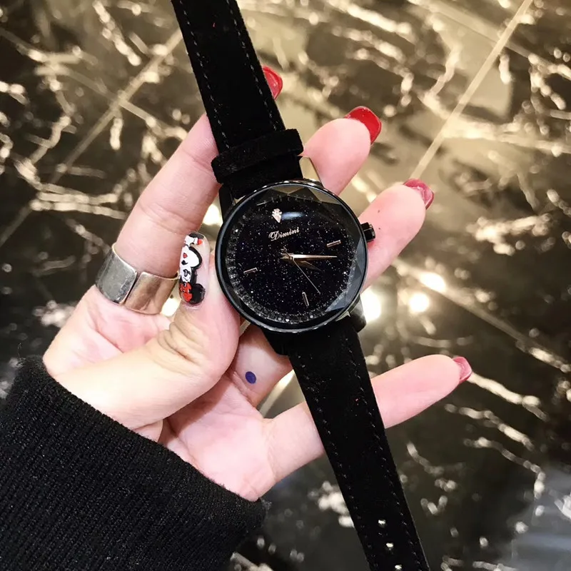 New Women Sexual Cold Wind Full Black Watches Inner Crystals Girl Students Fur Leather Strap Watch Quartz Waterproof Wrist watch