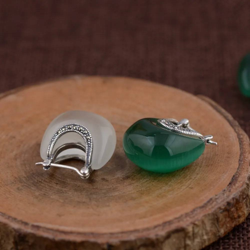 BOCAI S925 Silver Jewelry Cat Eye Stone Earrings for Women Retro Craft Chinese Style Fashion Silver Earrings