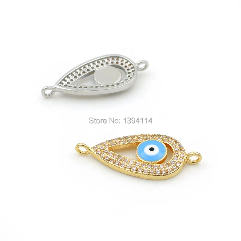 25*11*3mm Micro Pave Clear CZ Drop Connector With Blue Eye Enamelled Fit For Women As DIY Bracelets Accessory