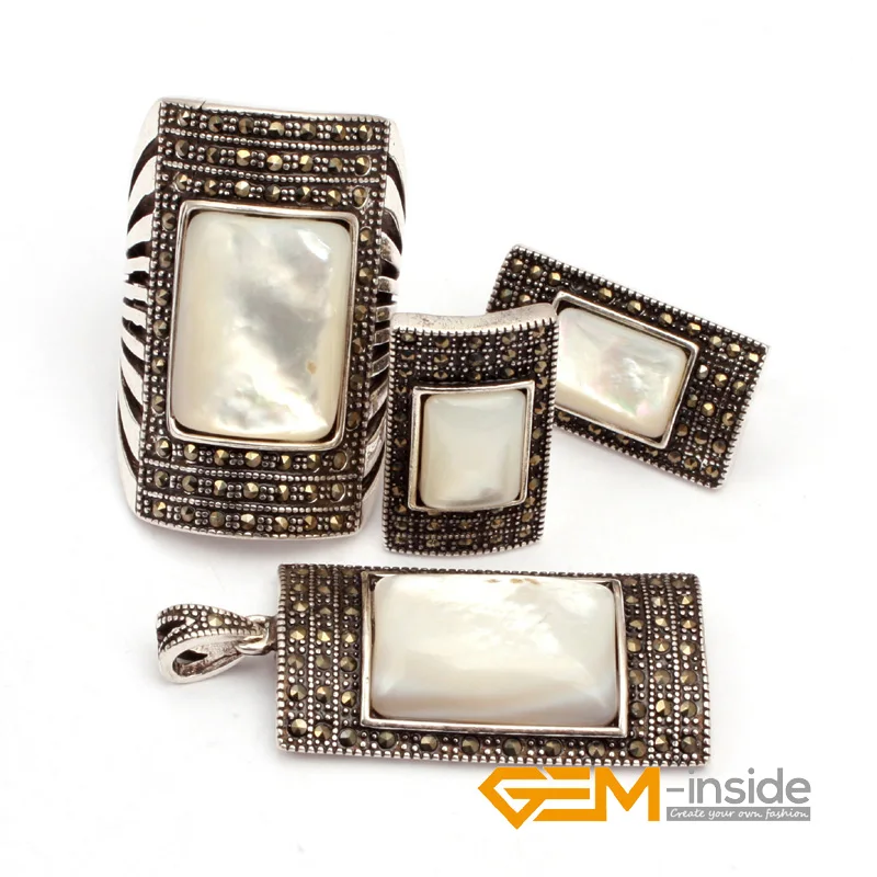 Semi Sapphir e(White shell) Rectangle Antiqued Tibetan Silver Ring Earrings Pendant Jewelry Set For Party For Women Gift