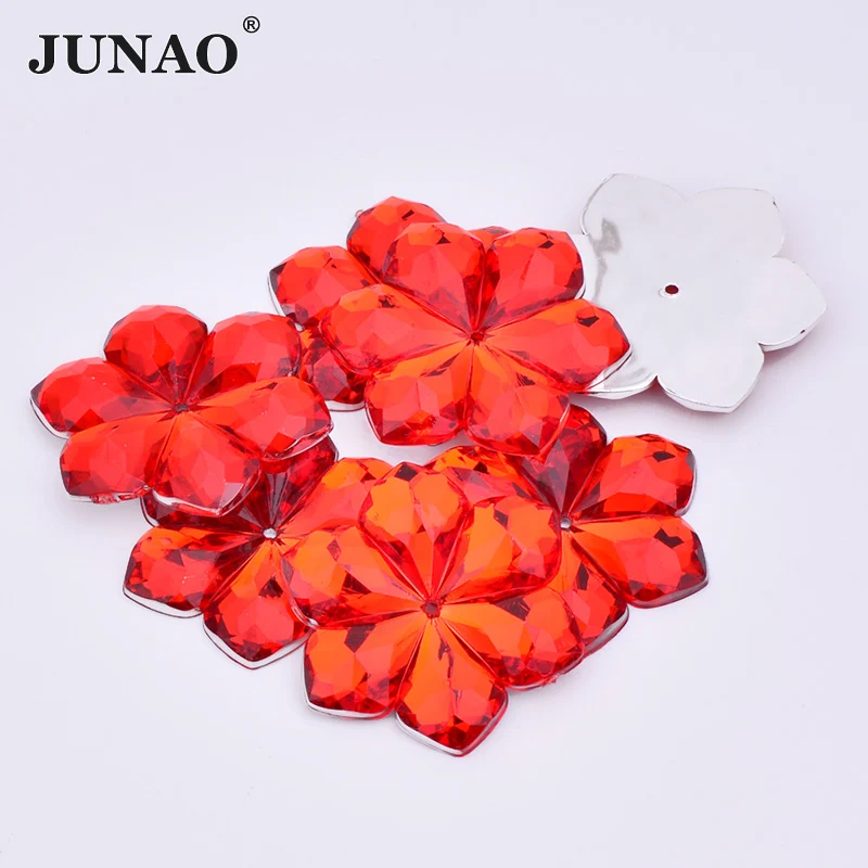 JUNAO 28mm Sewn Crystal AB Large Flower Rhinestones Big Strass Applique Sewing Acrylic Gems Flat Back Crystal Stones For Crafts