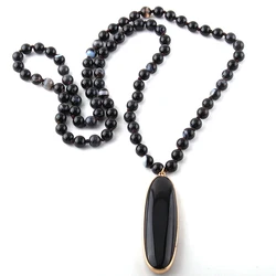 Fashion Bohemian Jewelry Agat Stones Knotted Long Drop Stone Pendant Necklaces For Women Ethnic Necklace