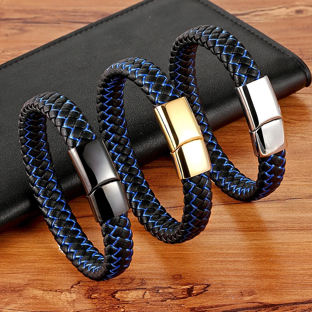 XQNI Men Jewelry Punk Black Blue Braided Leather Bracelet for Men Stainless Steel Magnetic Clasp Fashion Bangles Gifts 6 Colors