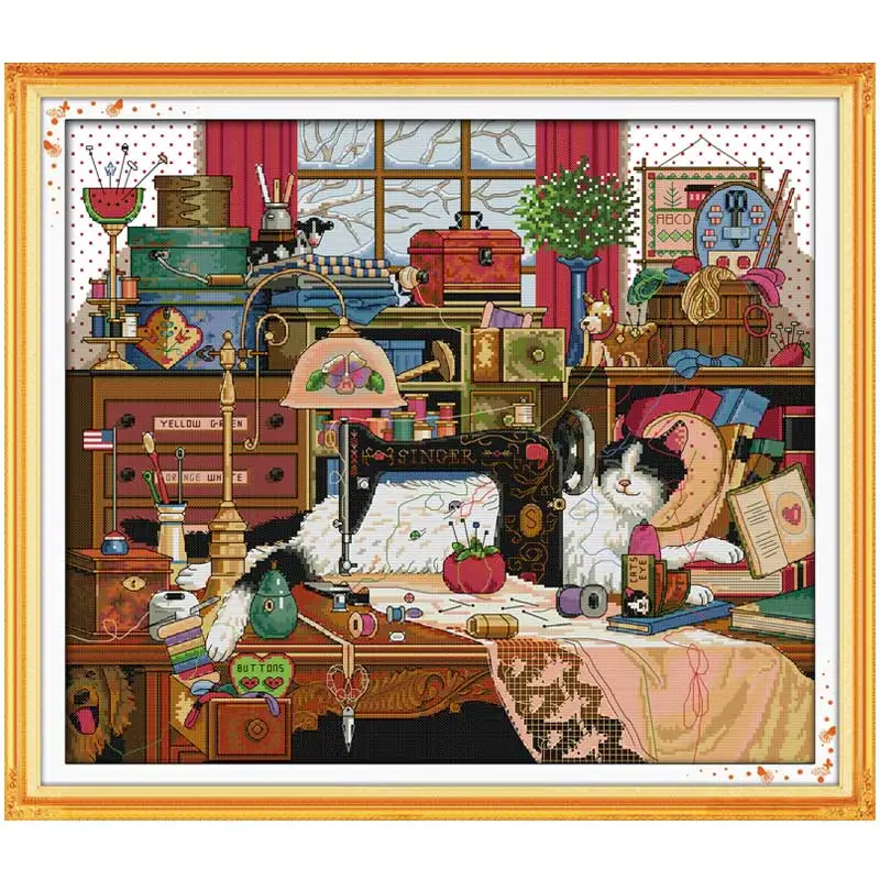 Cat and Sewing Machine Patterns Counted Cross Stitch Set DIY 11CT 14CT 16CT Stamped DMC Cross-stitch Kit Embroidery Needlework