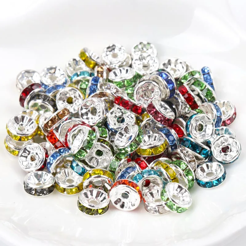 8MM Metal Silver Plated Crystal Rhinestone Rondelle Spacer Beads 18 Colors For Choose 50Pcs Wholesale SG008MX