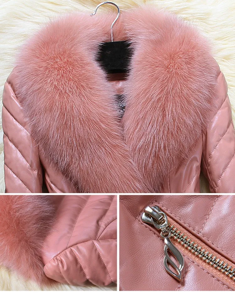 Fox Fur Big Collar patchwork Overcoat Women\'s Winter New Coat long Sleeve Female Jackets PU Leather jacket faux fur Coats L1222
