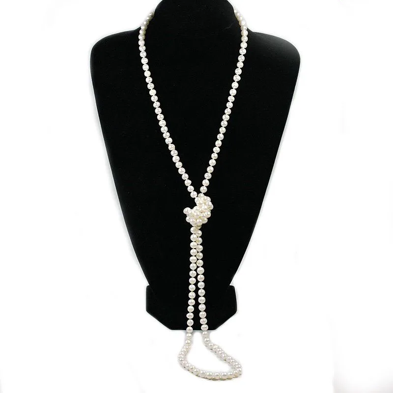 

knotted twisted necktie triple longer style pearl necklace natural freshwater Cultured white potato sahpe pearls for sweater