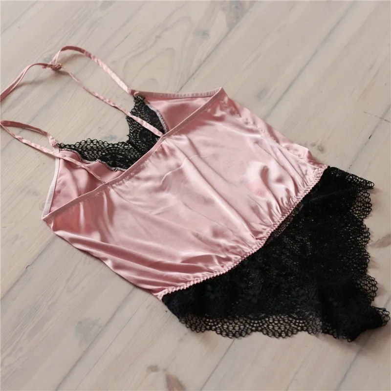 Satin Sleepwear Lace Trim Nightwear Backless Lingerie Soft Camisole Lounge Romper Elegant Bodysuits Holiday Mujer Nightie