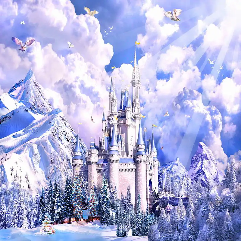 

10x10FT Snow Mountain Peak Sunshine Birds Sky Princess Castle Custom Photo Background Studio Backdrop Vinyl 300cm x 300cm