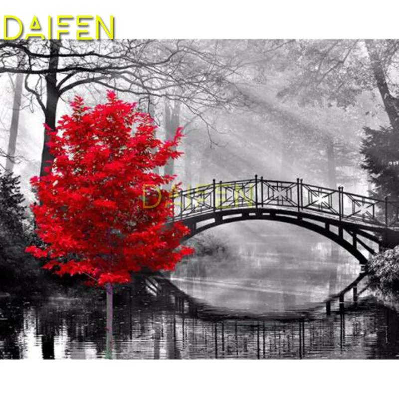 Full Round Diamond painting river Full Square Diamond embroidery Cross stitch  bridge red tree DIY 3 Diamond mosaic country road