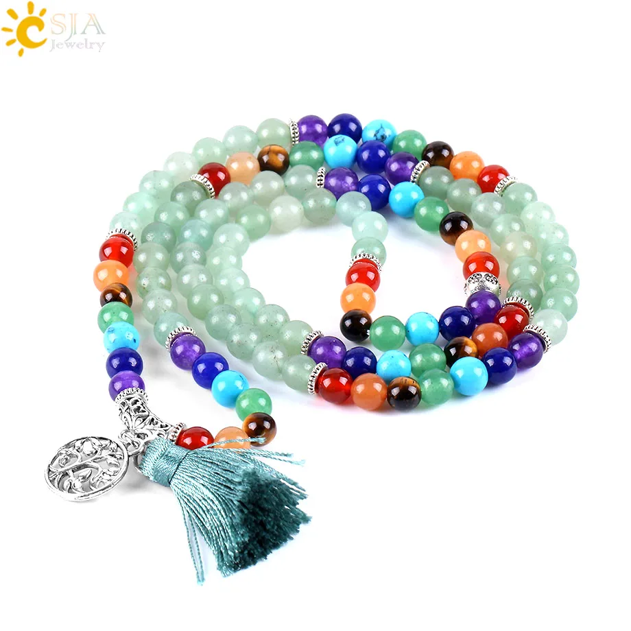 CSJA-collar largo con cuentas de gemas naturales para mujer, collar largo con borlas de 7 Chakras, Ojo de Tigre, Cuarzo Rosa, howlita, Reiki, bohemio, E590