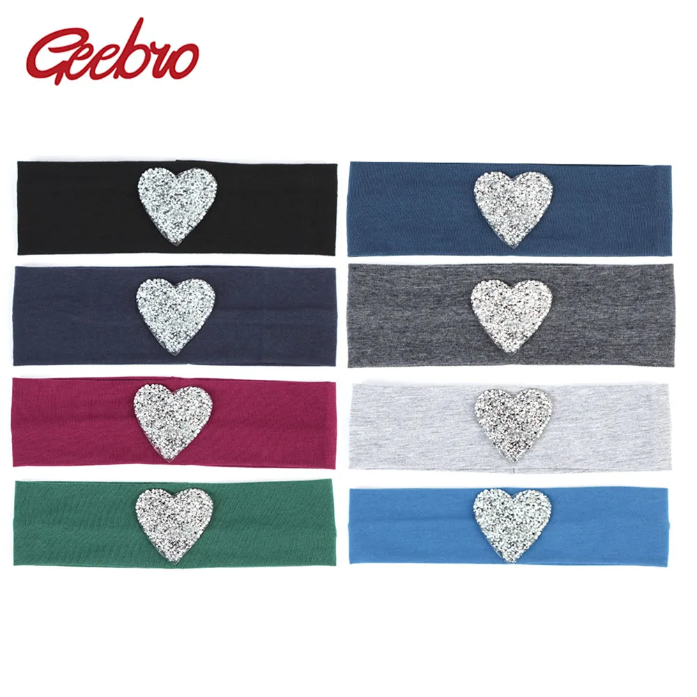 Geebro Children\'s Cotton Headband Cute Rhinestones Heart Flat Headbands for Girls Flat Stretch Head Band for Babies DQ703