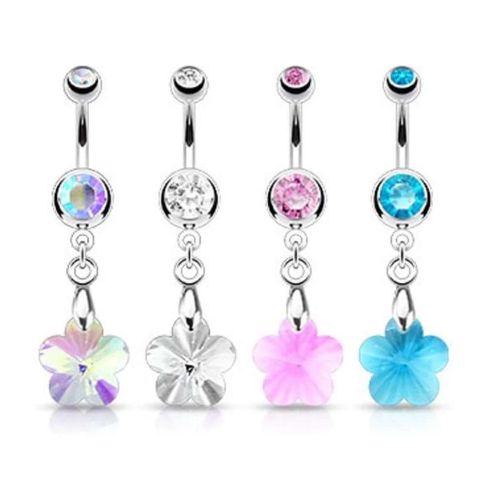 Flower Dangle 316L Surgical Steel Crystal Ray Prism Flower Belly Button Navel Ring Piercing Body Jewelry 14G 3/8