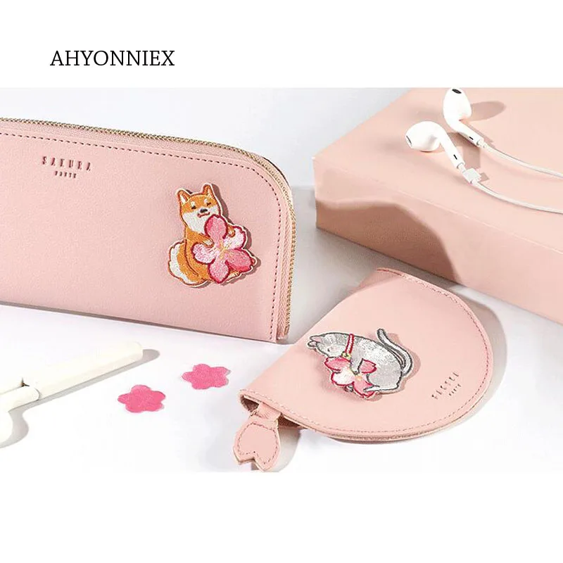 AHYONNIEX 1PC Cherry Flower Embroidery Patches for Bag Jeans Shiba Cat Rabbit Iron On Patches for Clothes Small DIY Patch Cute