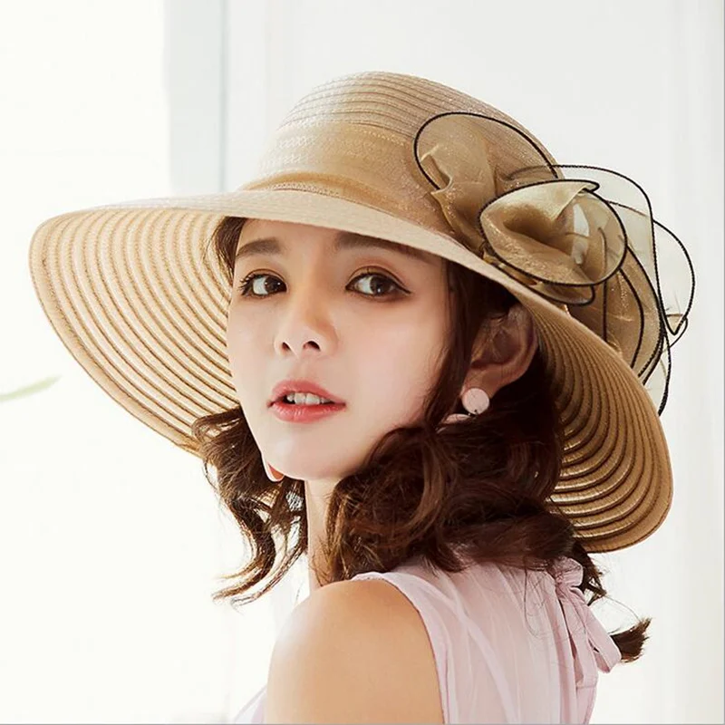 

Women Vintage Organza Sun Hat Floral Ruffles Summer Beach Hat Wide Large Brim Tea Party Wedding Sun Hat Cap Sunbonnet