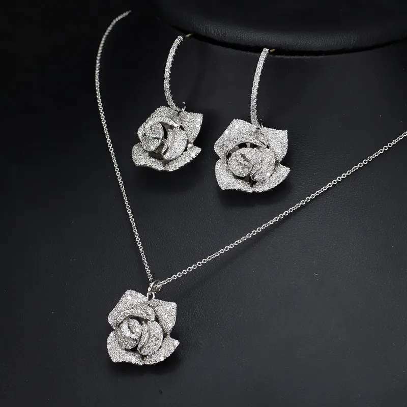FXLRY New Design Romantic White CZ Cubic Zircon Flower Drop Pendant Necklace And Earrings Jewelry Set Jewelry