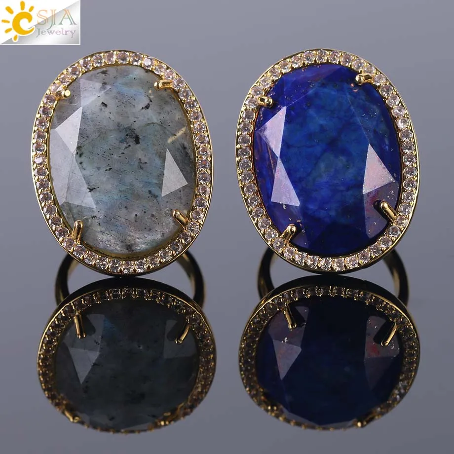 CSJA Natural Gem Stone Faceted Opening Adjustable Ring Gold Color Plated Crystal CZ Zircon Rhinestone Rings for Women Men F458