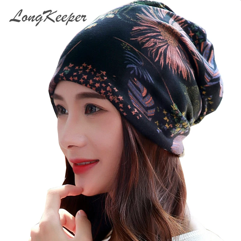 LongKeeper New Women Hat Polyester Adult Casual Floral Women\'s Hats Spring Autumn Female Cap Scarf 3 Colors Fashion Beanies