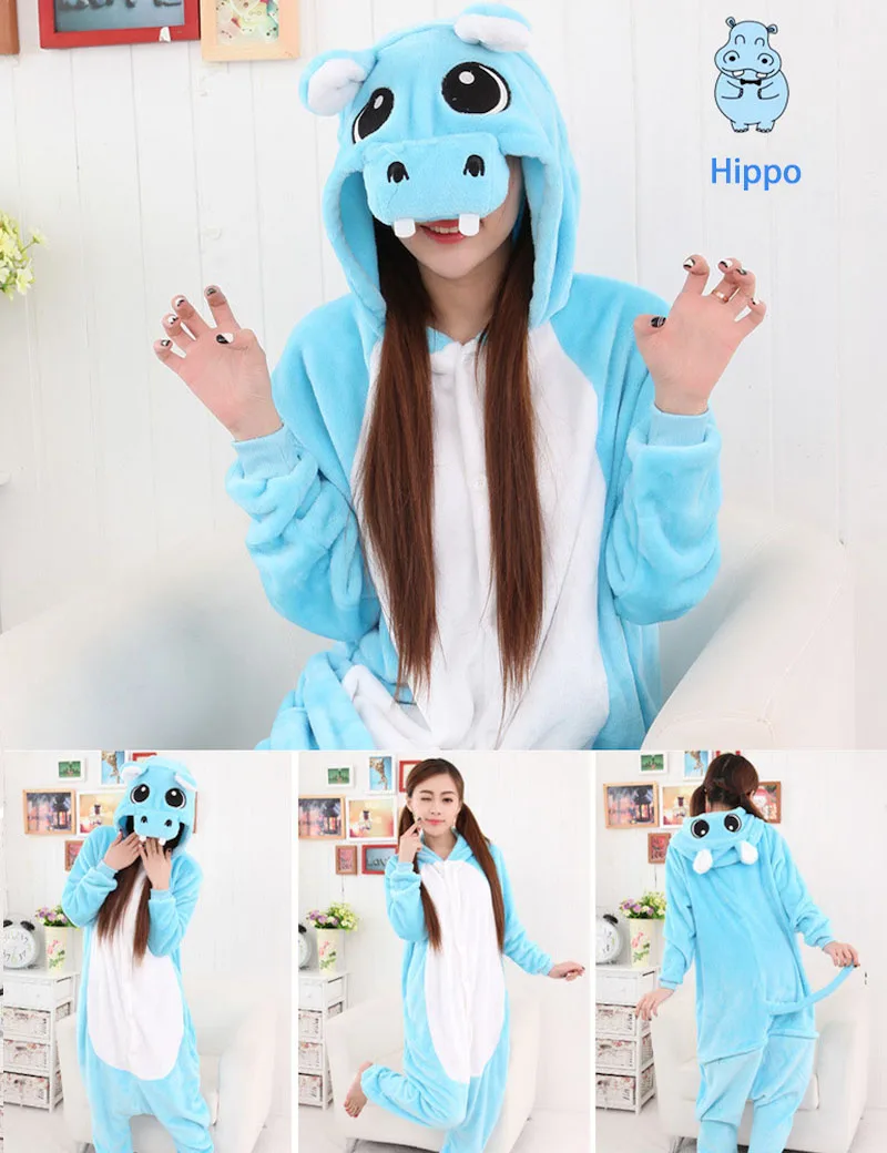 Cute Hippo Adult Onesie Animal Flannel Pajamas Winter Warm Sleepwear Robe Cartoon pijamas unisex Cosplay Halloween Costume