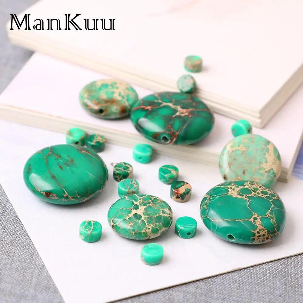 ManKuu 6mm/18mm/25mm Flat Round Green Sea Sediment Jaspers Imperial Natural Stone Beads For Handmade DIY Jewelry Making 5pcs/Lot