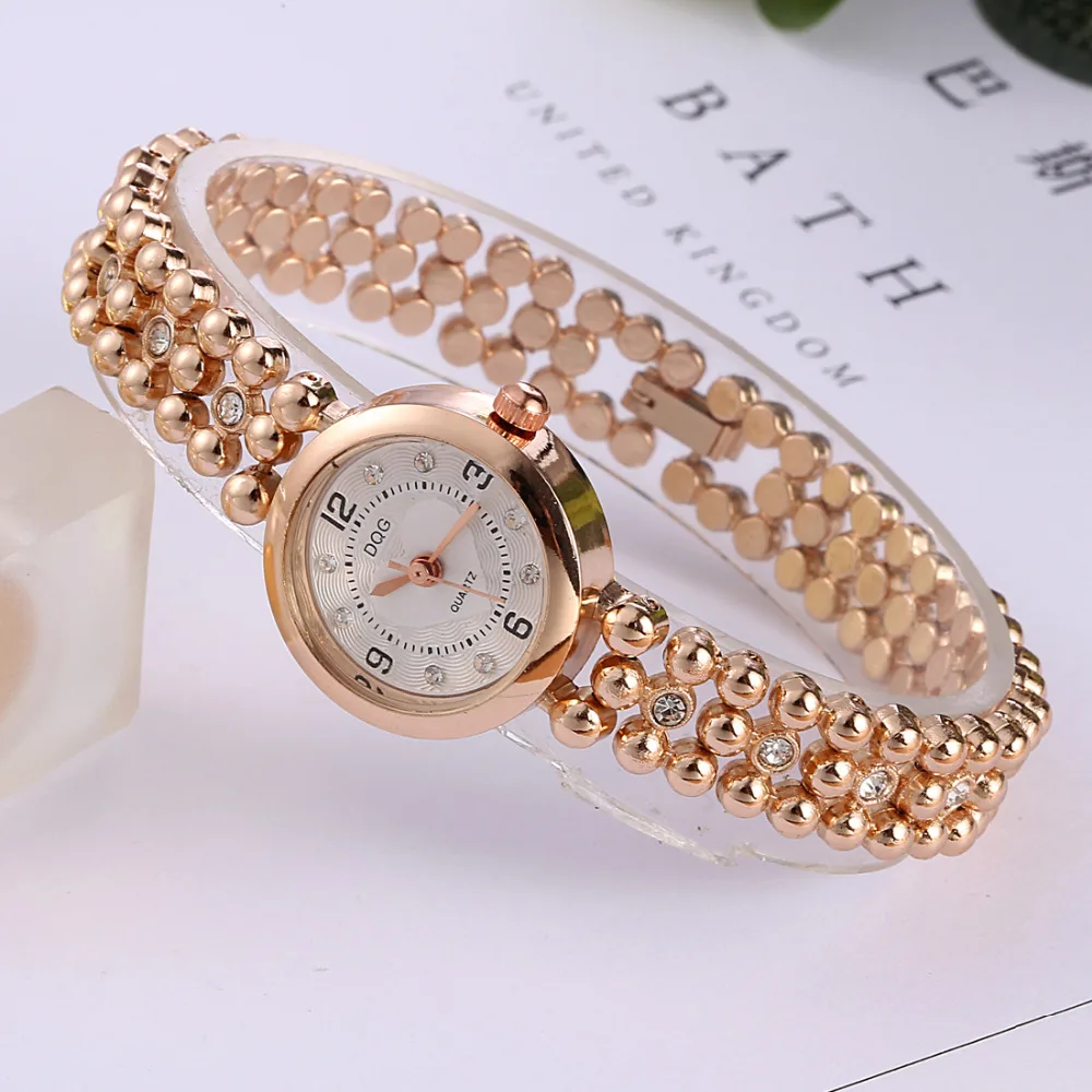 Relojes de lujo para mujer, pulsera con cuentas de cristal y corazón, pequeños relojes de cuarzo dorados rosados, novedad de 2023