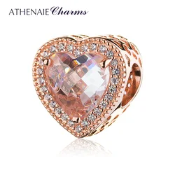 ATHENAIE 925 Sterling Silver Rose Gold Color & Clear CZ Radiant Hearts Pendants Charms Beads Fit Bracelets & Bangles