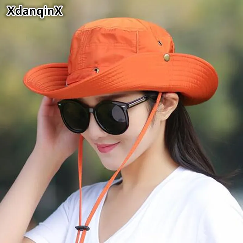 

XdanqinX Foldable Women's Hat Summer Breathable Panama Bucket Hat Wind Rope Fixed Adjustable Sunscreen UV Protection Beach Hats