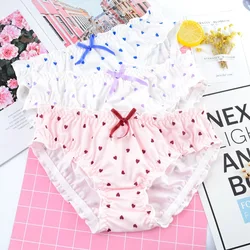 Milk Silk Satin Silky Heart Print Women Panties Ruffle Cute Lovely Sweet Girl Underwear Princess Style Seamless Female Breifs