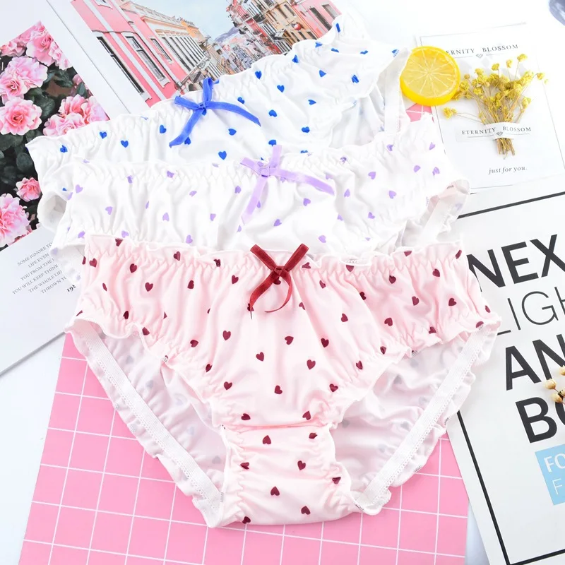 Milk Silk Satin Silky Heart Print Women Panties Ruffle Cute Lovely Sweet Girl Underwear Princess Style Seamless Female Breifs
