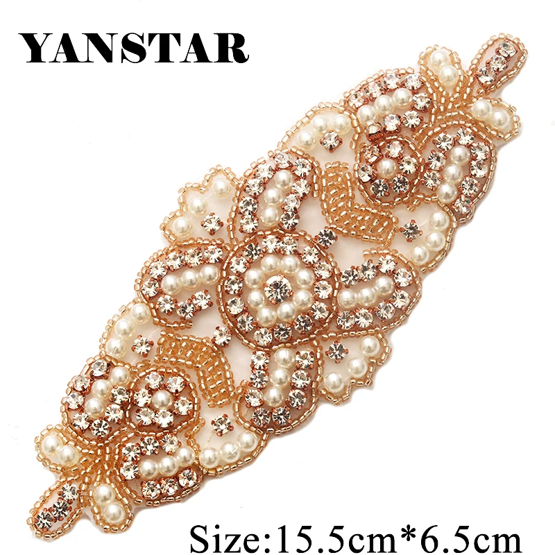 

YANSTAR 10PCS Wholesale Clear Rose Gold Crystal Beads Rhinestone Applique Patch For Bridal Gown Belt DIY Bridal Sash YS899