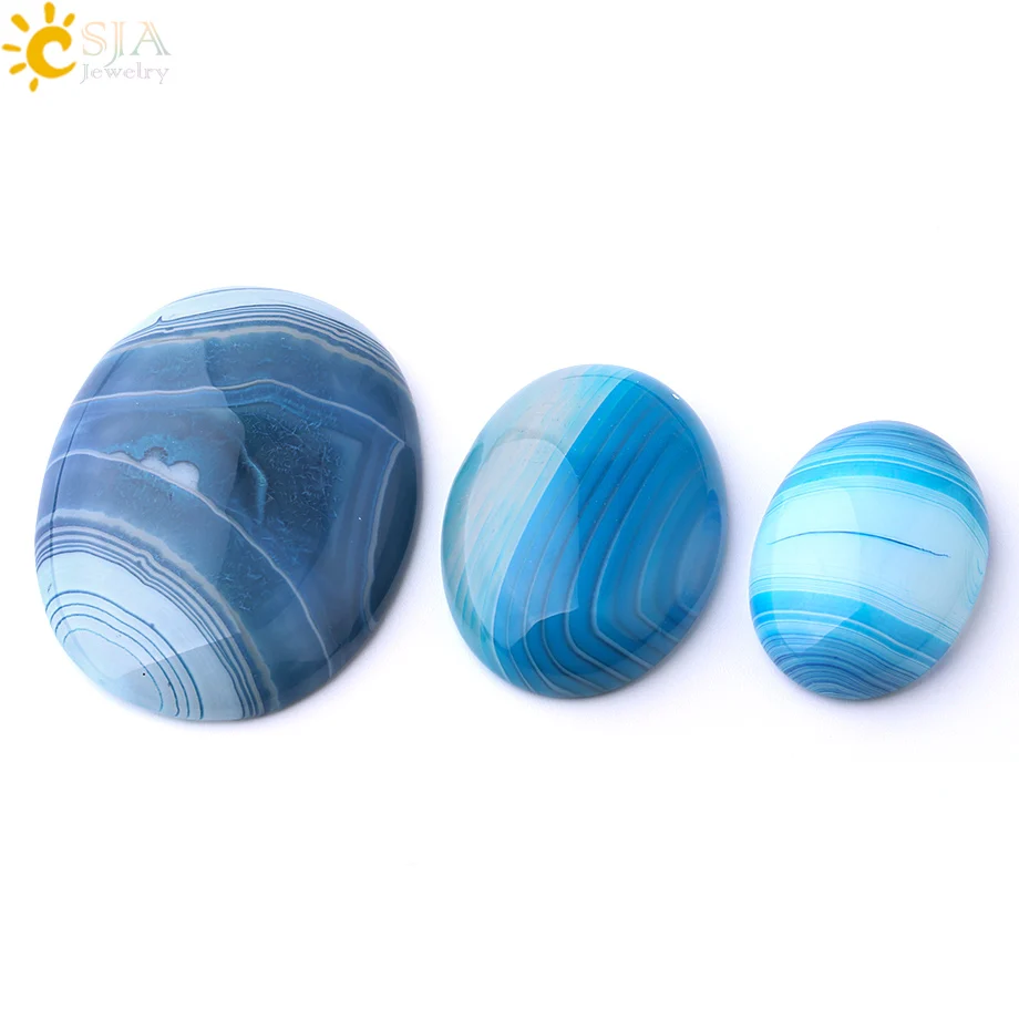 CSJA Oval Natural Stones Cabochon Base for Jewelry Making Blue Striped Agates Accessories DIY Women Rings Earrings 30X40 F809