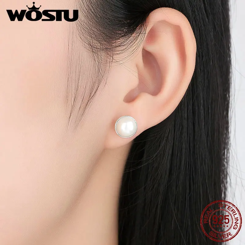 Real 925 Sterling Silver Elegant Beauty Stud Earrings With White Pearl For Women Compatible With  Brand Jewelry S925 Gift